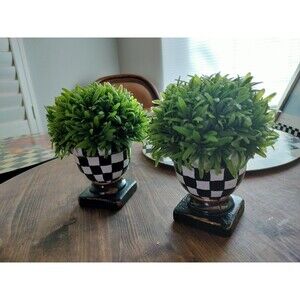 Pair of Urn Planters Rosemary Plants 6 & 7" hgt Hand Painted Black White Check